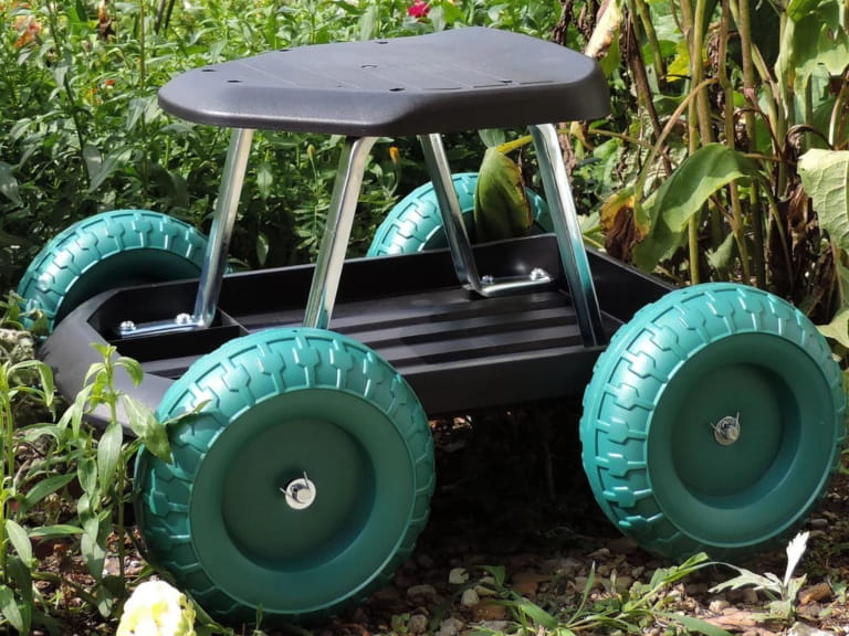 A rolling garden seat on wheels
