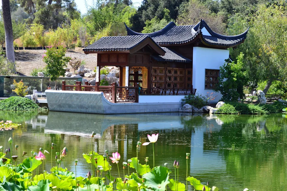 Chinese-style pavilion beside a pond at The Huntington Botanical Gardens in San Marino, California