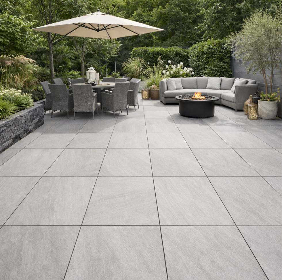 outdoor patio with seating and fire pit