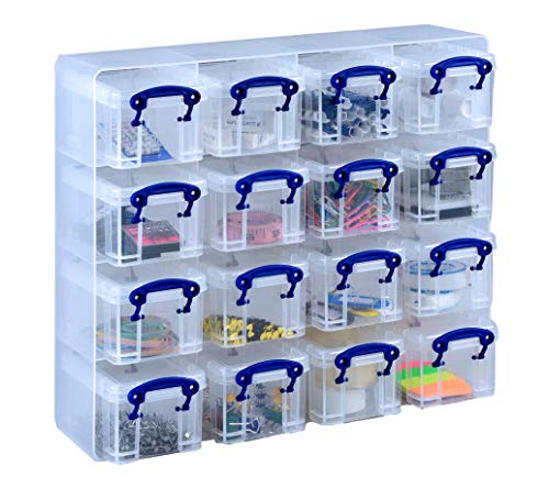Really Useful Organiser, 16 X 0.14 Litre Storage Boxes in a Clear Plastic Organiser and Clear Boxes