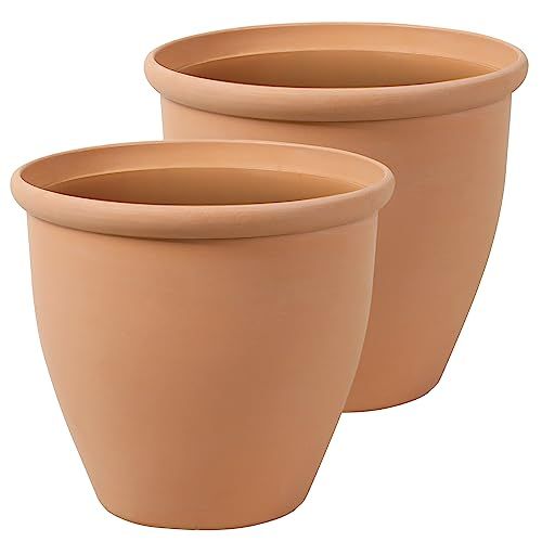 Worth Garden 2-Pack 15" Dia. Round Planters - Large Plastic Plant Pots With Drainage Hole for Indoor &amp; Outdoor Use- Lightweight Decorative Flower Tree Containers for Porch, Patio, Yard, or Deck