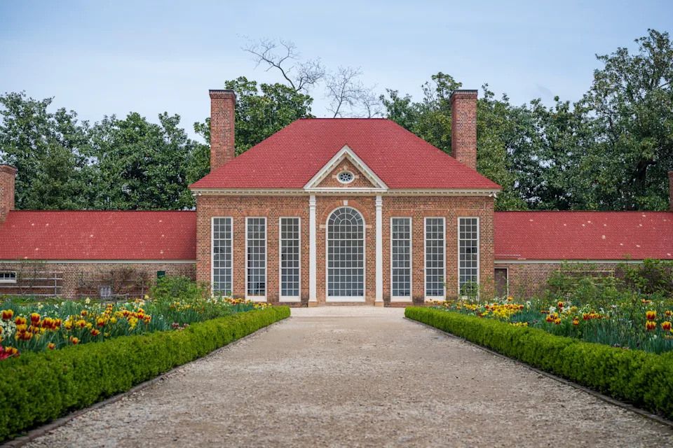 Spring flowers lining a path to the garden house at Mount Vernon in Virginia