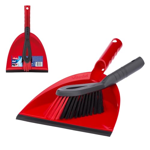 Vileda Dust Pan &amp; Brush Set - 2in1 Brush and Pan Set With Durable Bristles &amp; Easy to Sweep Rubber Blade - Ergonomic Handle and Clip to Combine for Easy Storage
