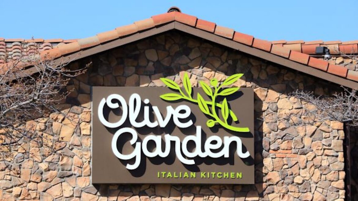 Olive Garden Italian restaurant sign showing company logo, Spokane Valley, Washington, owned by Darden Restaurants Incorporated headquartered in Florida.