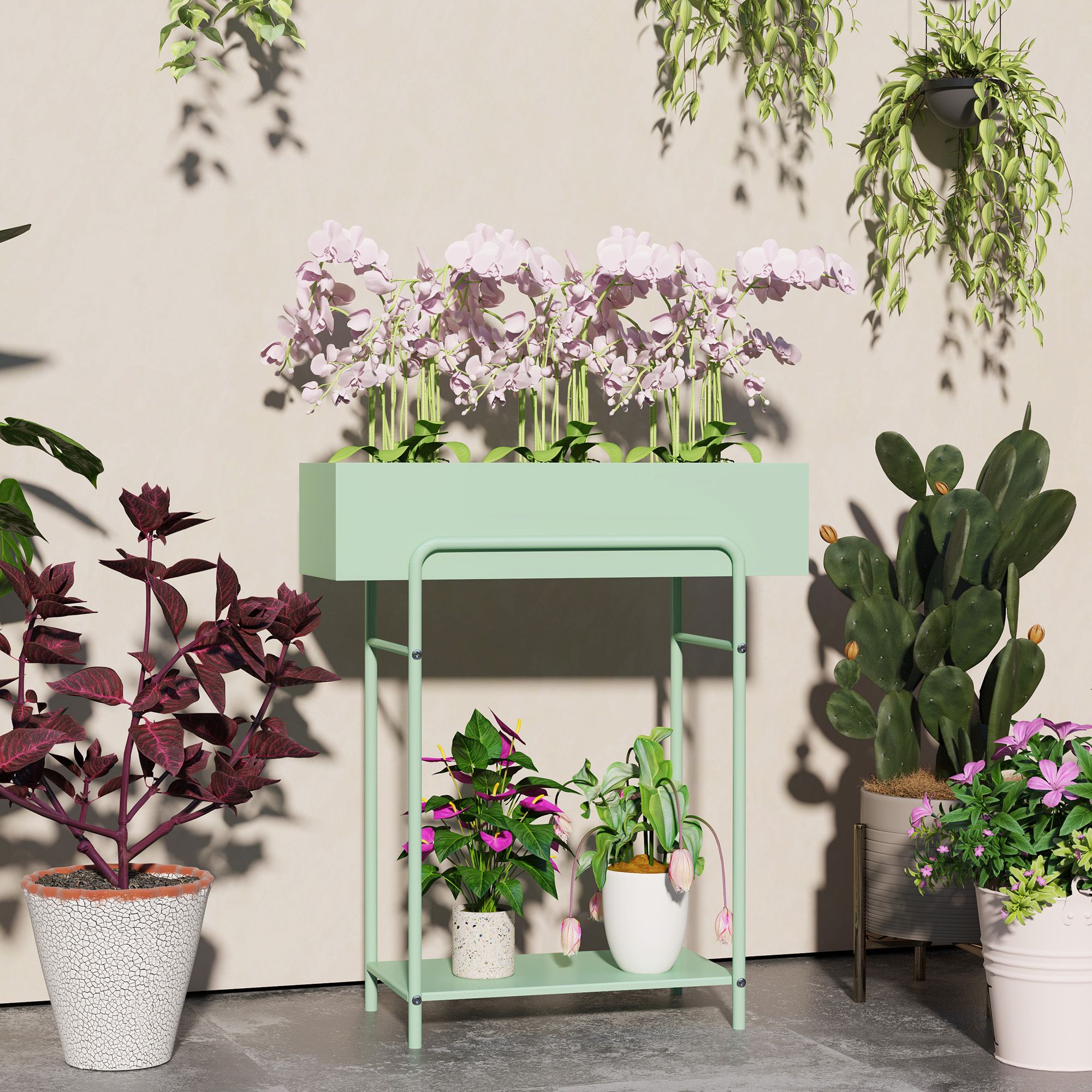 2 Tier Plant Stand, Metal Plant Rack With Drain Holes, Green