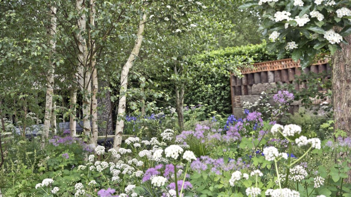 The Art Of Creating A Whimsical Yard: Design Ideas from the Experts Silver birch trees with white and lilac frothy flowers in the foreground