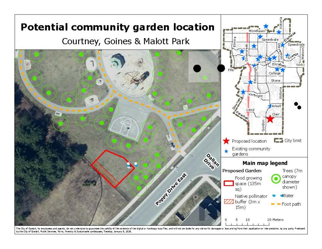 Map of the community garden location at Courtney, Goines and Malott Park