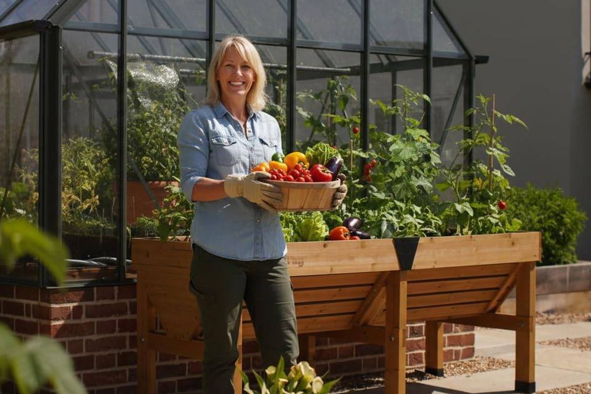 A smiling woman standing next to the VegTrug holding a basket of vegetables 