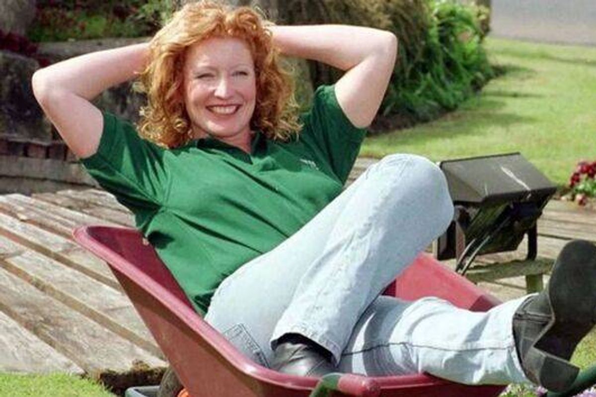 Charlie Dimmock relaxing in a wheelbarrow 