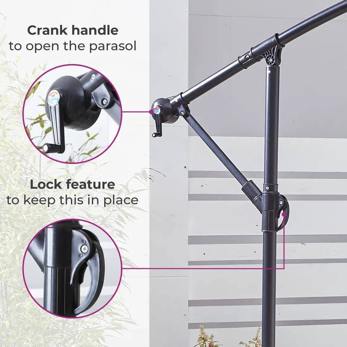 The parasol features a crank handle to easily open and close it