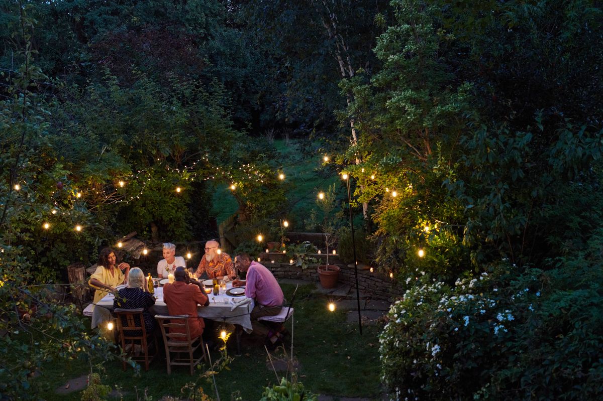Group of mature adults gathered around a dining table outside. Al Fresco dining.