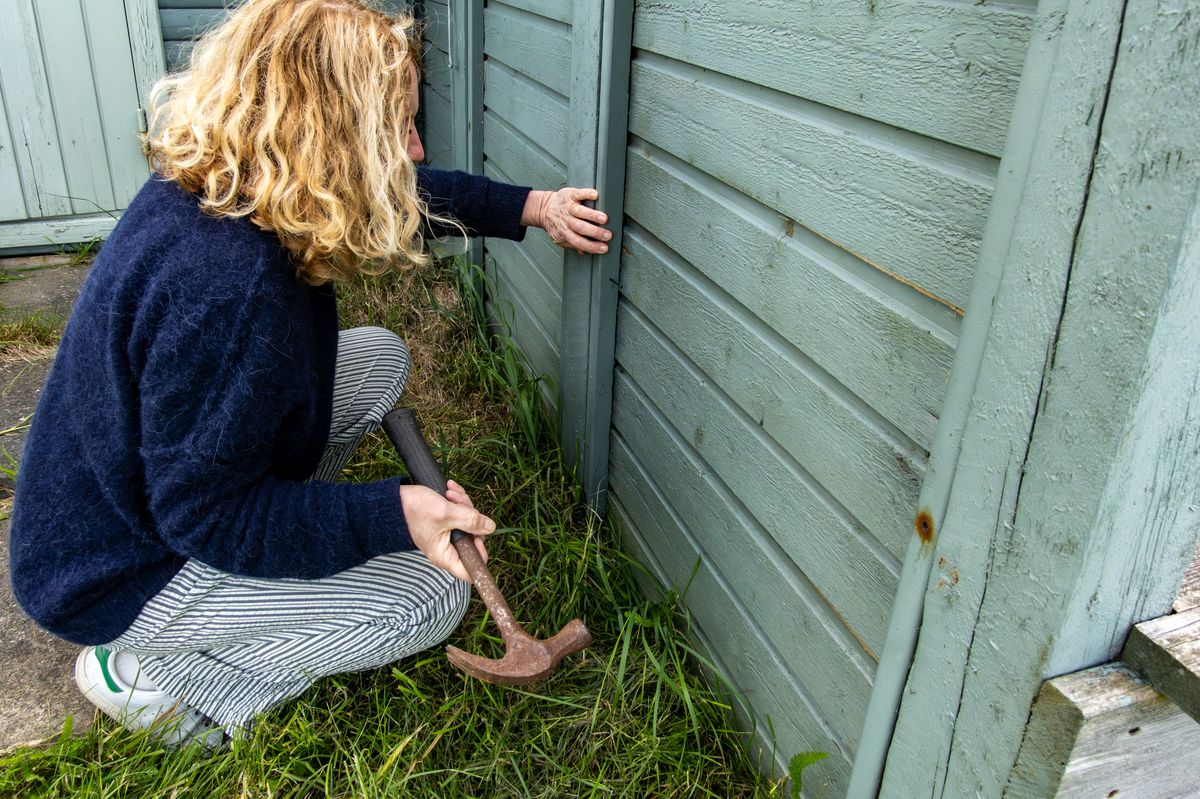 Hitrshals, Denmark A woman fixes a wooden fence with a hammer and a nail.