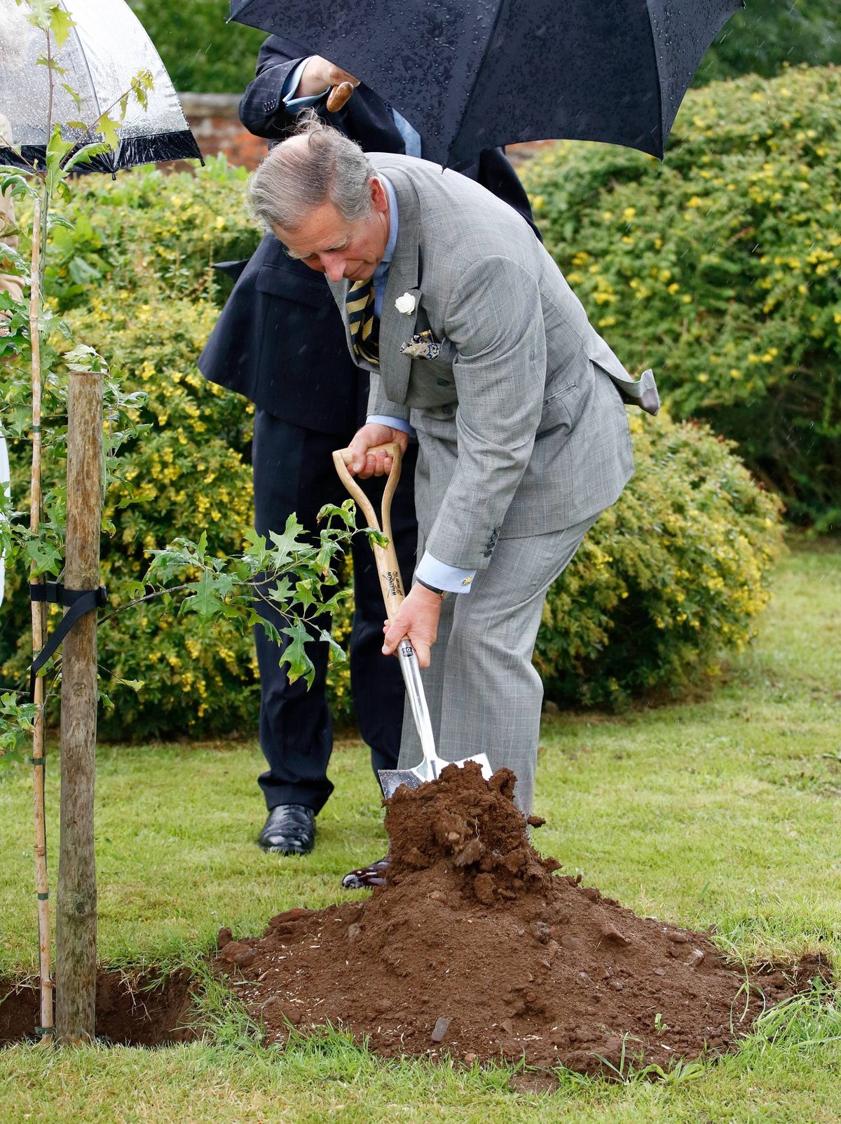BROMHAM, UNITED KINGDOM - JULY 17: (EMBARGOED FOR PUBLICATION IN UK NEWSPAPERS UNTIL 24 HOURS AFTER CREATE DATE AND TIME) Prince Charles, Prince of Wales plants a tree (whilst his police protection officer holds his umbrella) during a visit to the Wiltshire village of Bromham on July 17, 2007 in Bromham, England. (Photo by Max Mumby/Indigo/Getty Images)