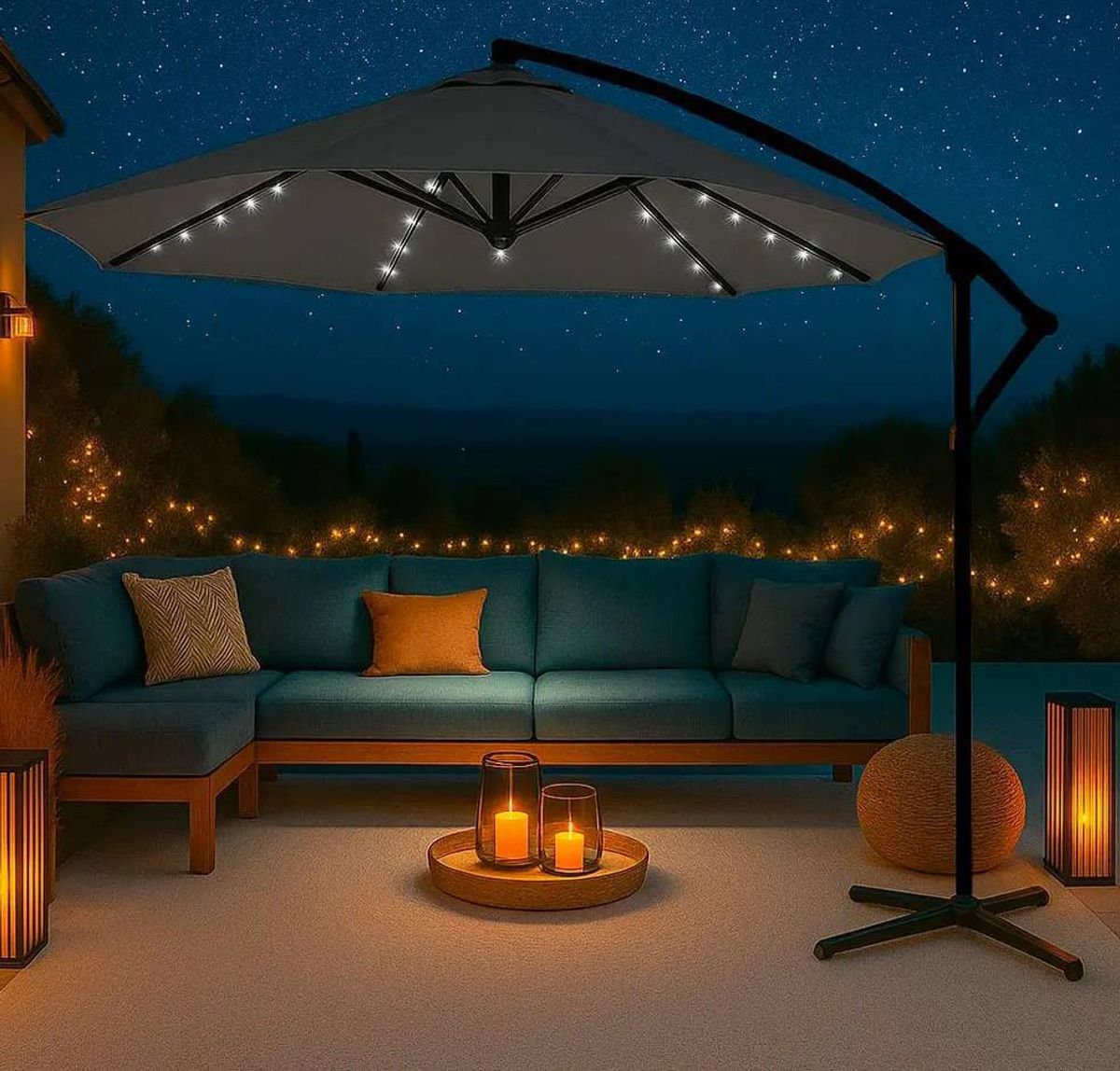 An outdoor seating area illuminated by ambient lighting features a large parasol adorned with decorative lights, creating a cozy and inviting atmosphere. A modern, teal-colored sofa with a few cushions is placed beneath the parasol, accompanied by various decorative elements, including small, decorative lights that add to the setting's charm. The backdrop includes softly illuminated trees and a distant view of a tranquil landscape under the night sky.