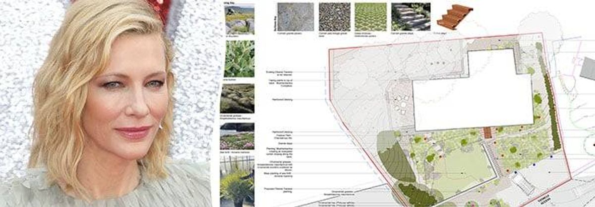 An image displaying a professional presentation slide featuring a female individual in the foreground and various landscape design elements in the background, including diverse plant arrangements and architectural layout diagrams.