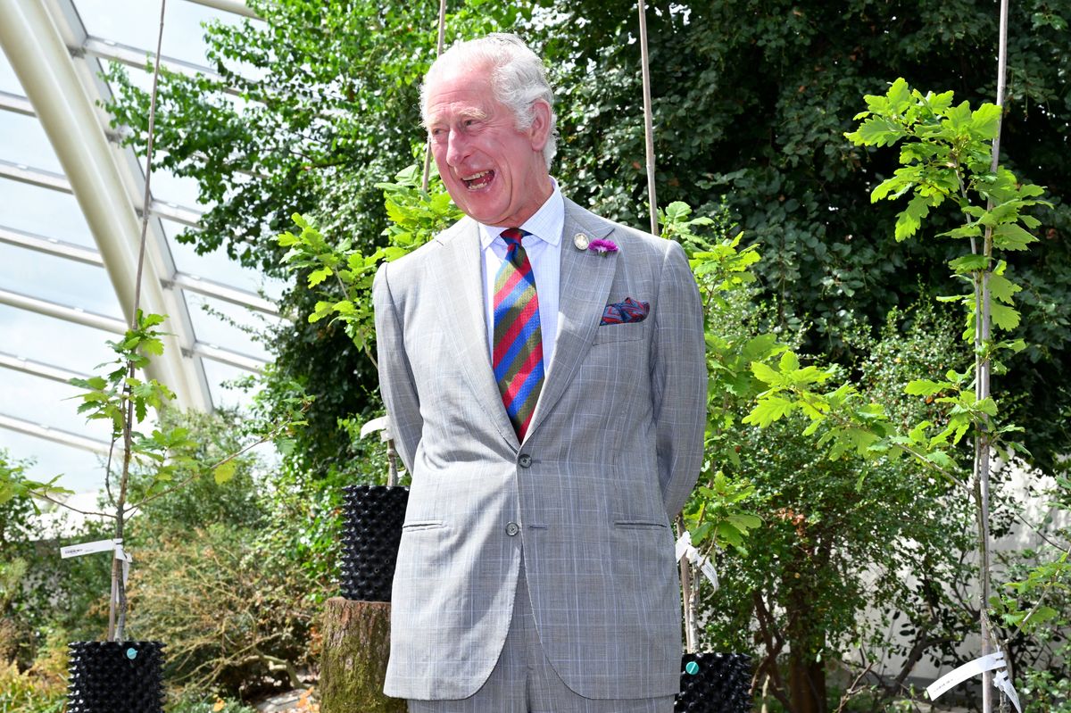 King Charles laughing during a visit to the National Botanic Garden of Wales on July 06, 2022 in Llanarthne, Wales.