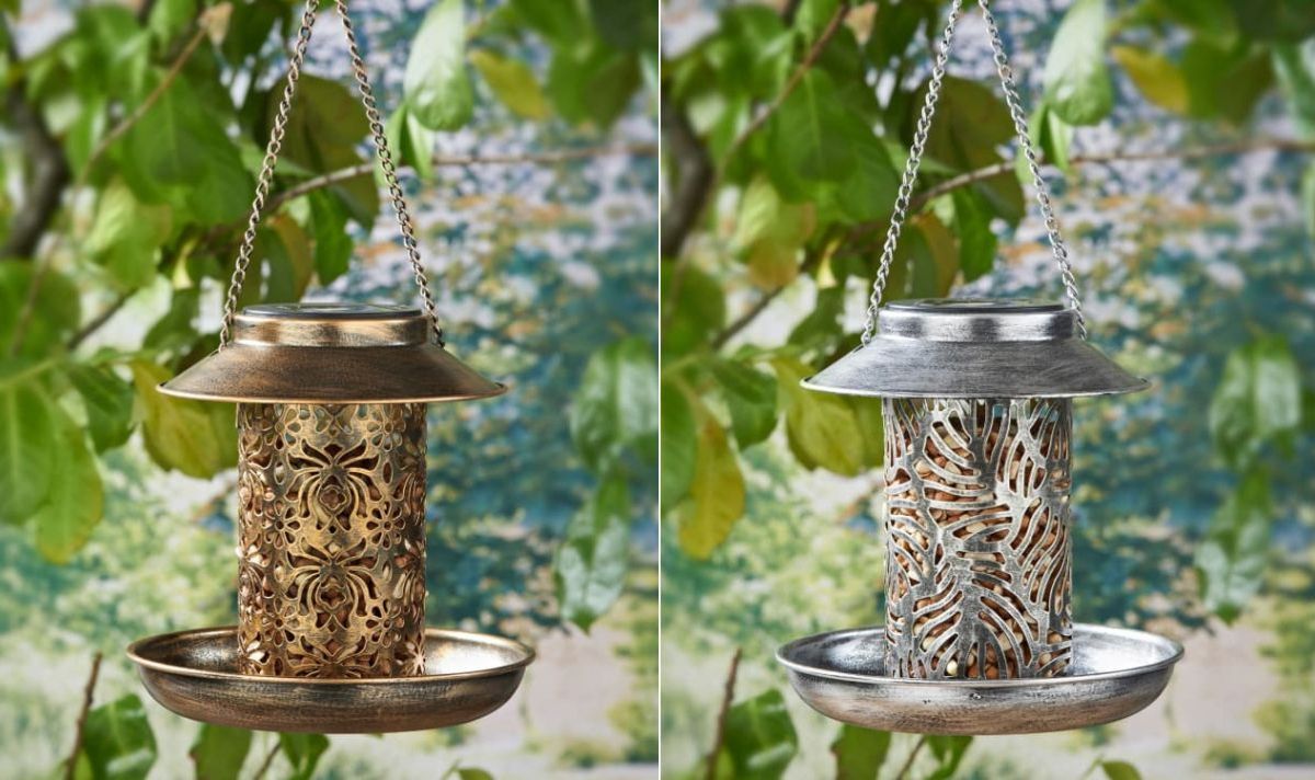 Solar Light Bird Feeder in gold and silver. 
