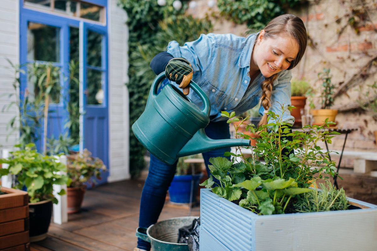 Woman watering flowers in a diy plant pot.