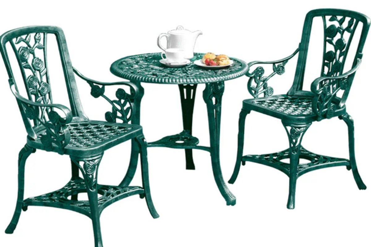 Designed to recreate a classic wrought iron look, this beautiful bistro set is actually made from UV-stabilised PVC