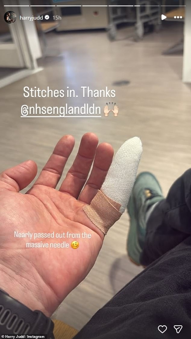The McFly drummer, 40, shared a photo of himself sitting in an A&E waiting room of the hospital, alongside a snap of his finger all bandaged up after receiving stitches