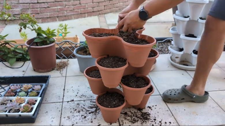 Man's hands adding soil to stackable planter containers from Dollar Tree.