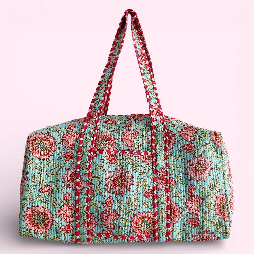 Blue and Pink Floral Cotton Quilted Weekend Duffle Bag