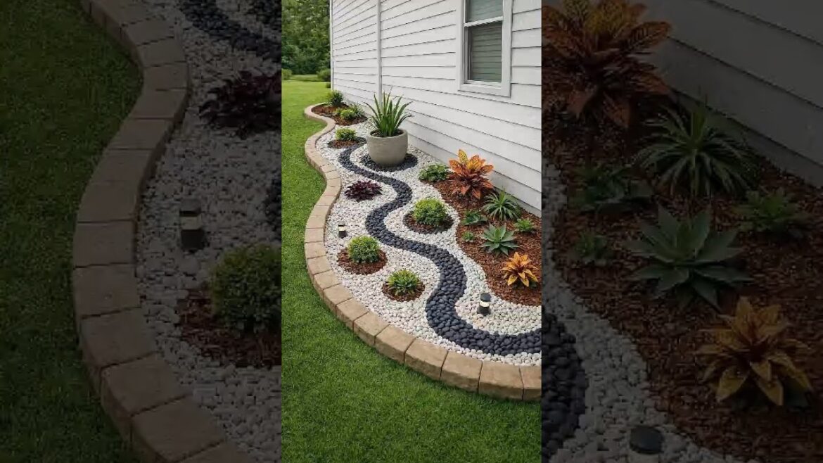 Beautiful River Rock Garden Bed Design | Modern Front Yard Landscaping #gardenideas #gardenstyle #us