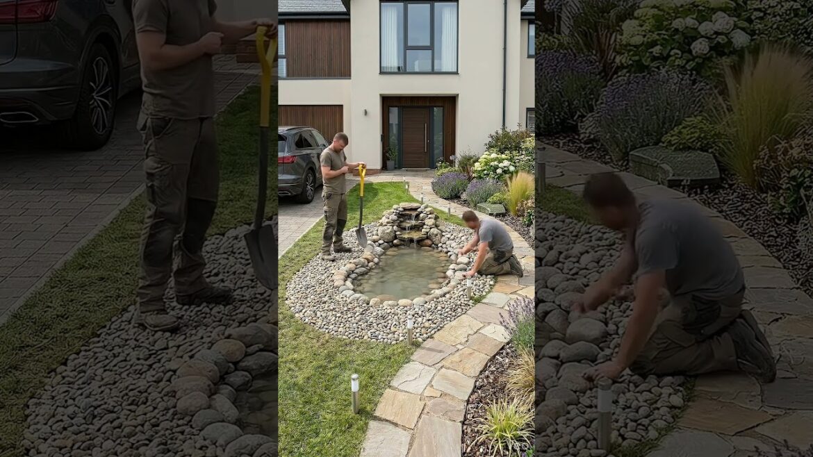 DIY Mini Garden Pond in Front Yard 🏡💦 | Beautiful Home Garden Build #Shorts