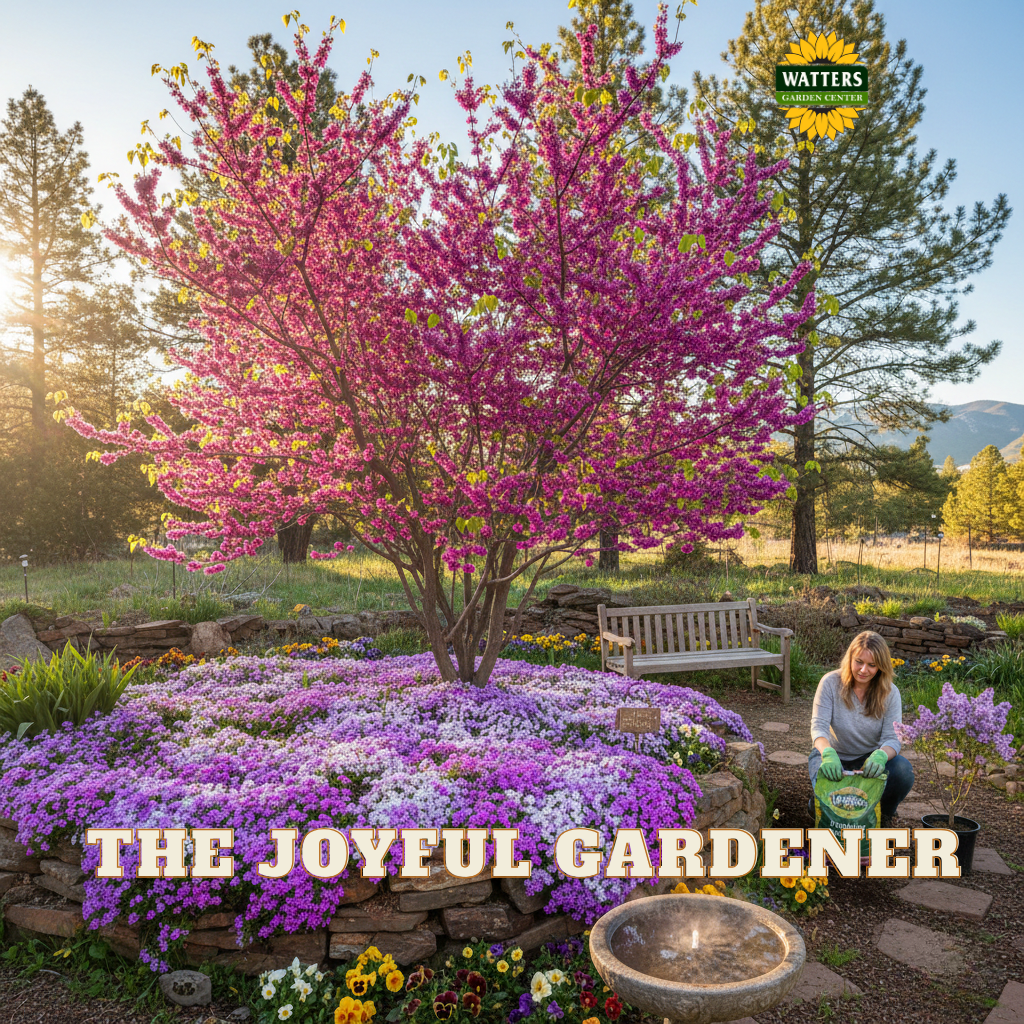 lady in a garden that is in full bloom, with purple flowers on the ground and magenta in the trees