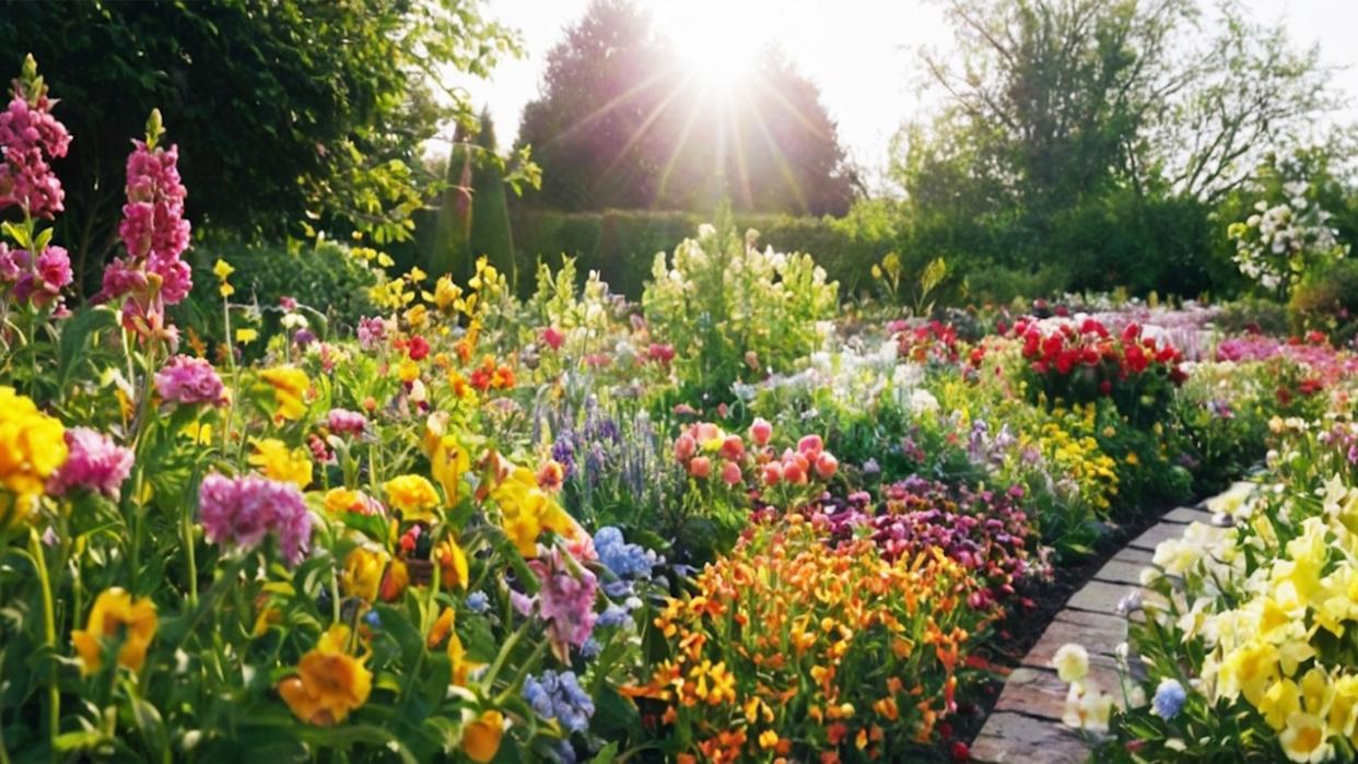 agricultural drone releases water, watering the garden, flower garden blooming in spring, colorful flowers, morning sunlight, spring, greenhouse