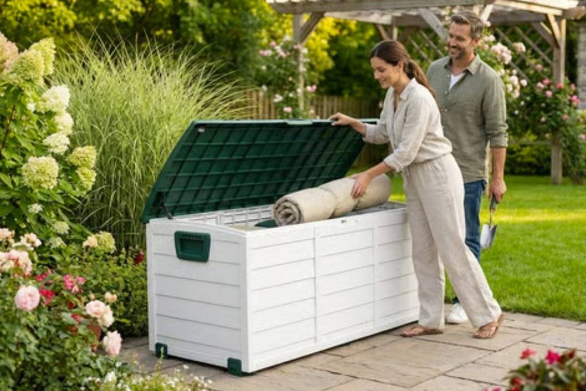 person putting object in garden storage container