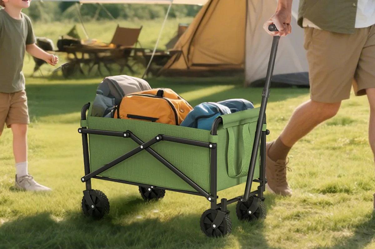 family with foldable trolley
