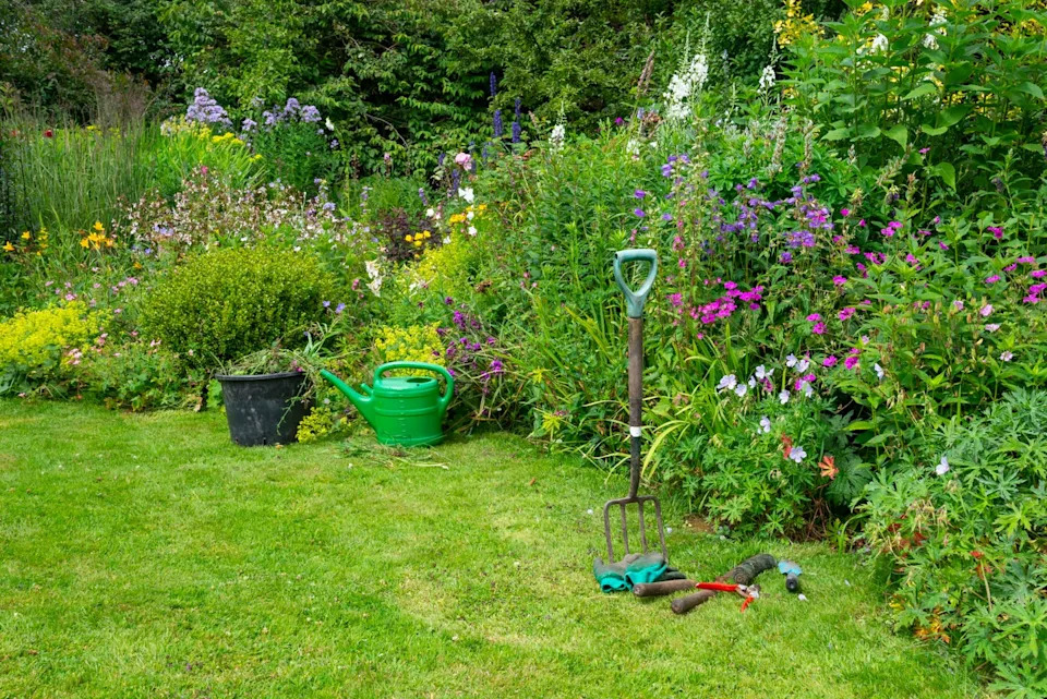 all the tools needed for a day of weeding and pruning in a beautiful summer garden full of plants.