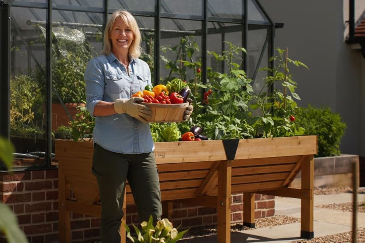 A smiling woman standing next to the VegTrug holding a basket of vegetables 