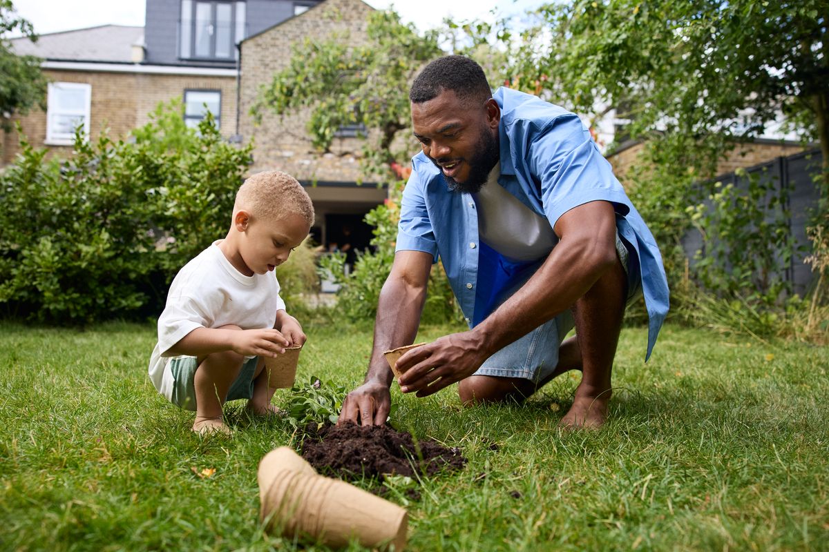 Preschooler boy gardening with father kneeling on grass in back yard