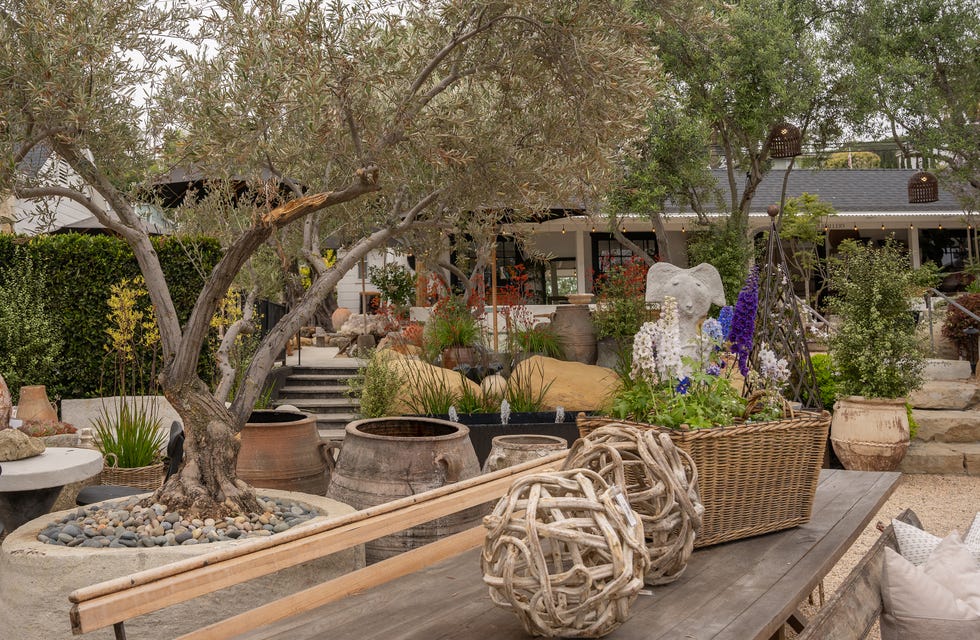 Outdoor garden area with landscaping features and decorative elements.