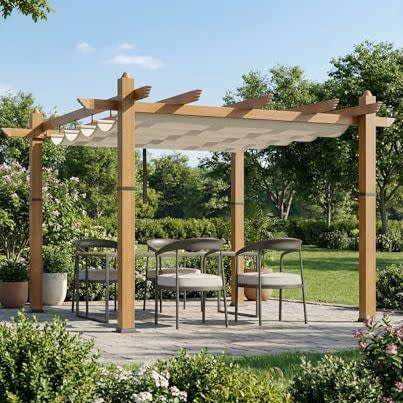 Garveetech 10x10 Ft Pergola Gazebo With Adjustable Canopy, Heavy-Duty Aluminum Sun Shelter With Faux Wood Finish for Outdoor Patio, Deck & Garden
