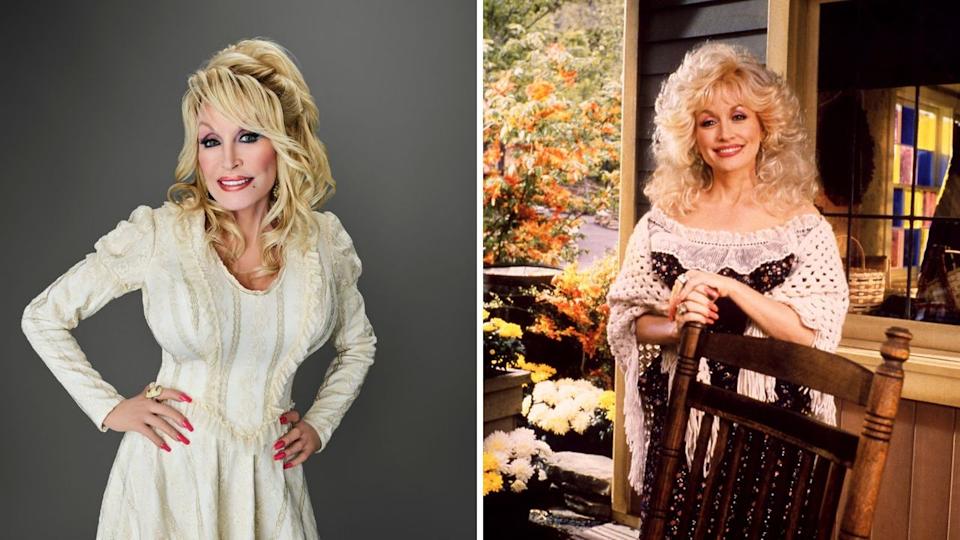 Dolly Parton now and in the Dollywood garden in 1995.