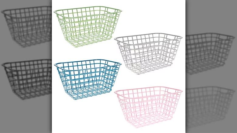 Dollar Tree wire baskets in four springtime colors.