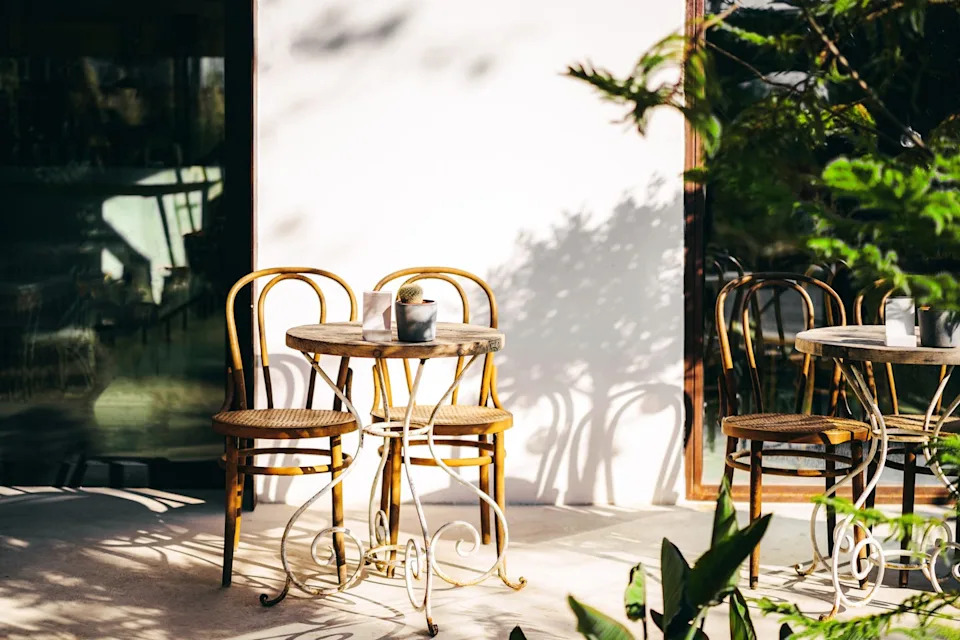 rustic rattan wooden tables and chairs