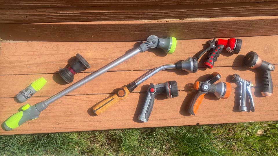 A group of the nozzles we tried, ready to be attached to a hose.