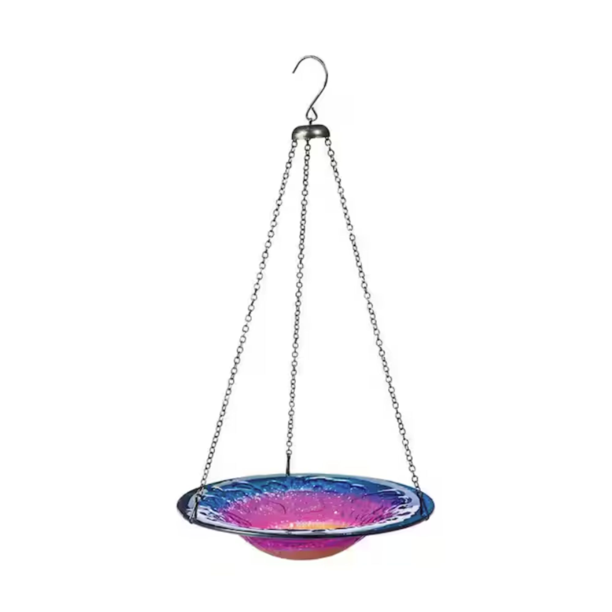 Hanging bird bath with purple and blue glass basin