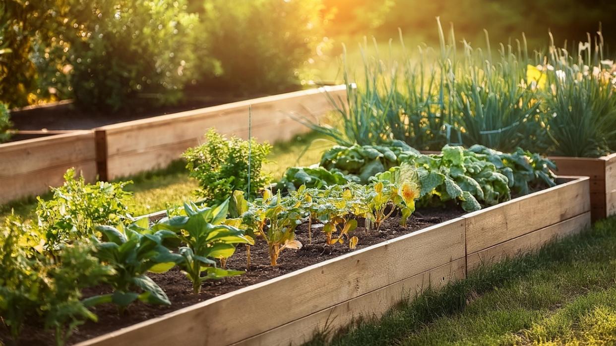 rustic wooden raised garden beds growing herbs and vegetables countryside organic gardening