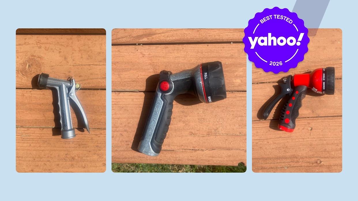 three hose nozzles on a wood bench with a yahoo best tested 2026 badge