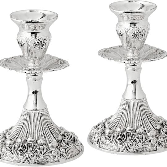 Silver Plated Candlesticks - 2 Pack Set - Pair of 5 Inch Ornate Candle Holders With Round Base and Floral Design