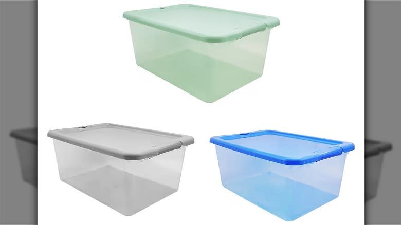 Dollar Tree plastic storage totes in green, gray, and blue colors.