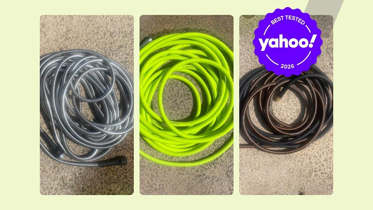 three coiled hoses on a concrete background with a Yahoo Best Tested 2026 badge