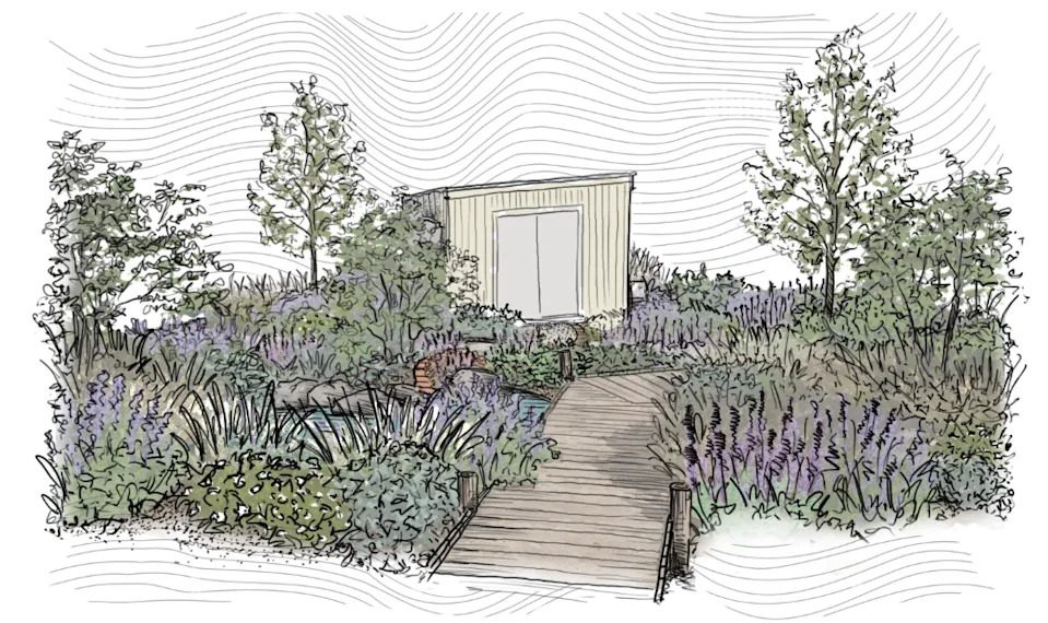 a landscaped garden with a pathway leading to a building