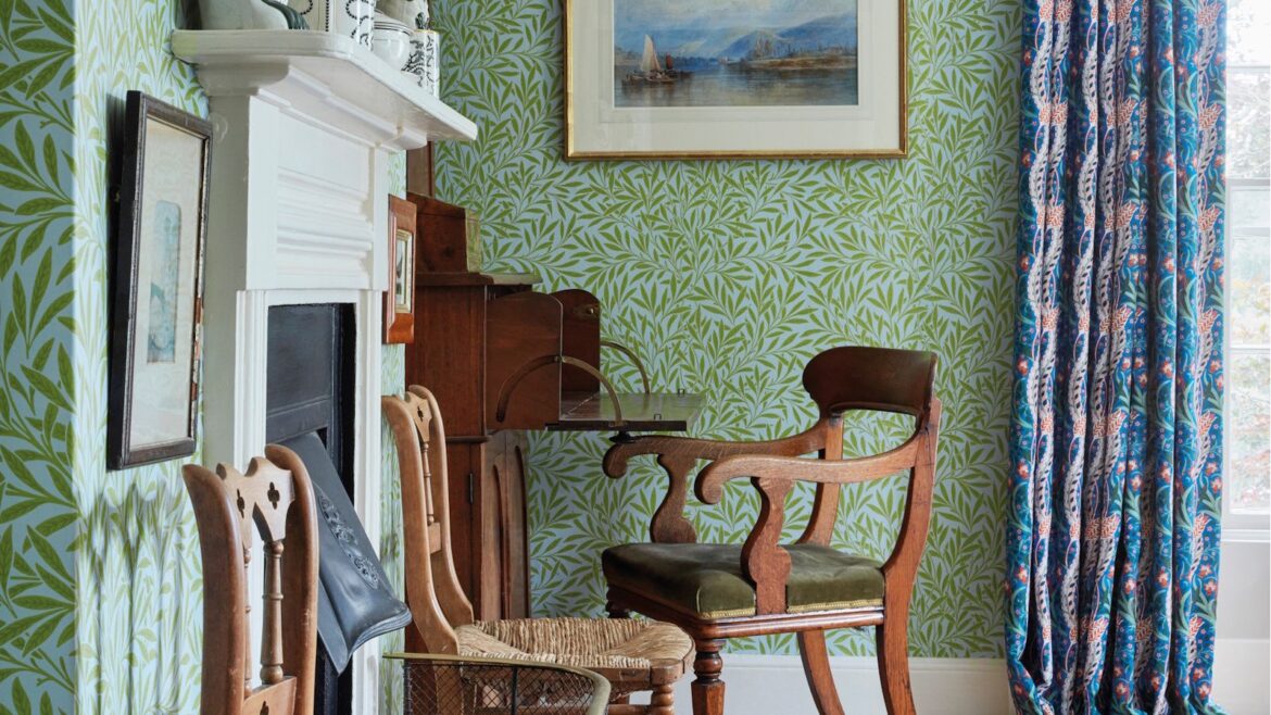 Bedroom with Morris &amp; Co green wallpaper