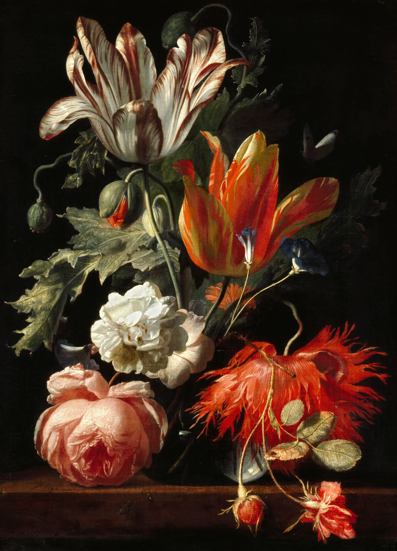 A painting by Simon Verelst titled "A Vase of Flowers" with a bouquet of colorful flowers against a dark background.